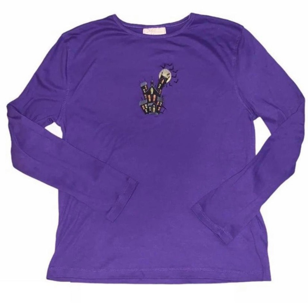 Y2K Purple Spooky House Halloween Embroidery Tee